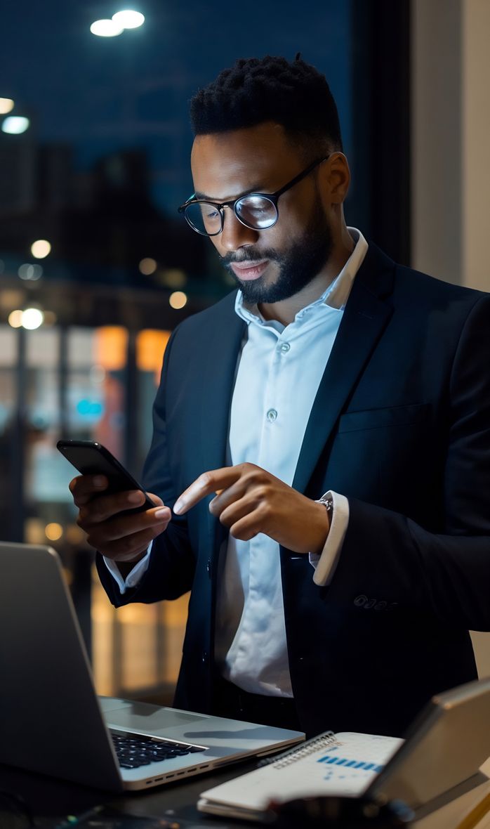 A suited man looking at social media on his phone in front of a laptop