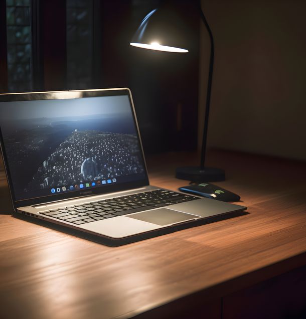 A laptop under a desk lamp