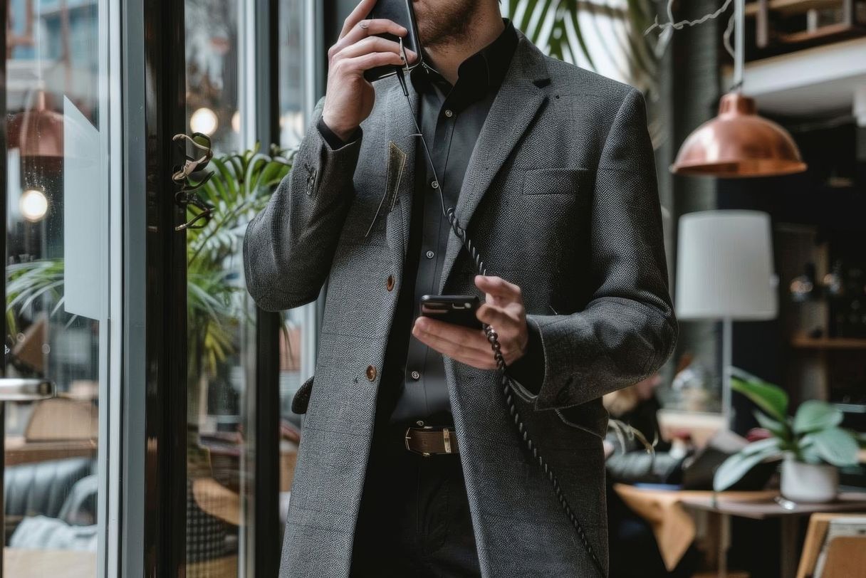 A man talking into a landline in one hand with a mobile phone in another